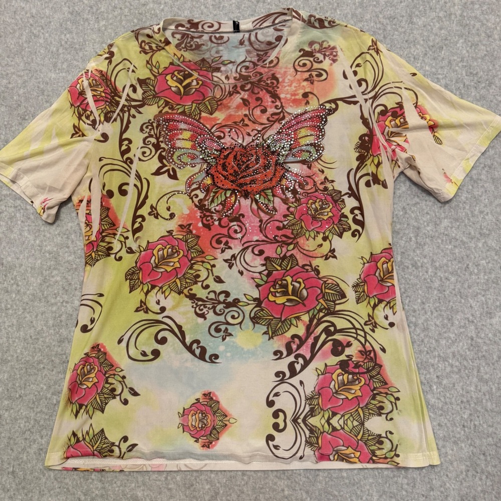 Y2K Tattoo Print Rhinestone Butterfly Rose Graphic Top XL Multicolor Abstract